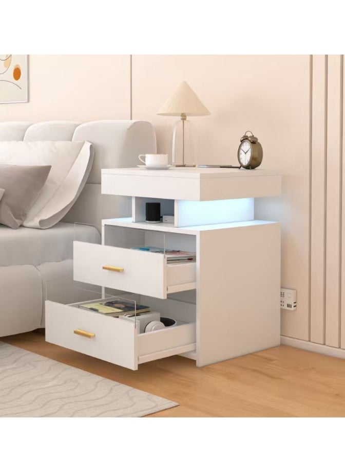 Nightstand with Charging Station, LED Bedside Table with 2 Drawers, Night Stand with 6 Color & Adjustable Lights for Bedroom, Livingroom （CT060) - Image 3